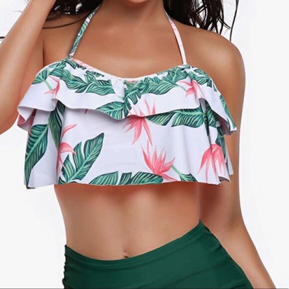 Heat Move Retro Double Ruffled Flounce Bikini Top - Picture 1 of 12